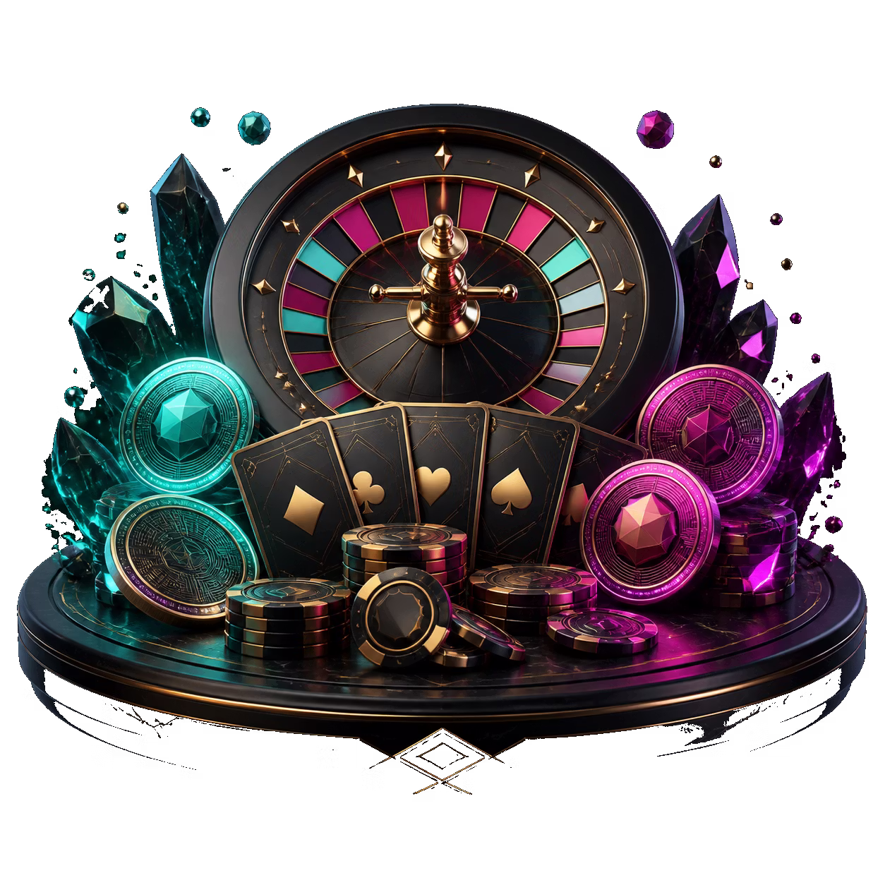 Dark casino table with abstract crypto tokens, cards and a roulette wheel