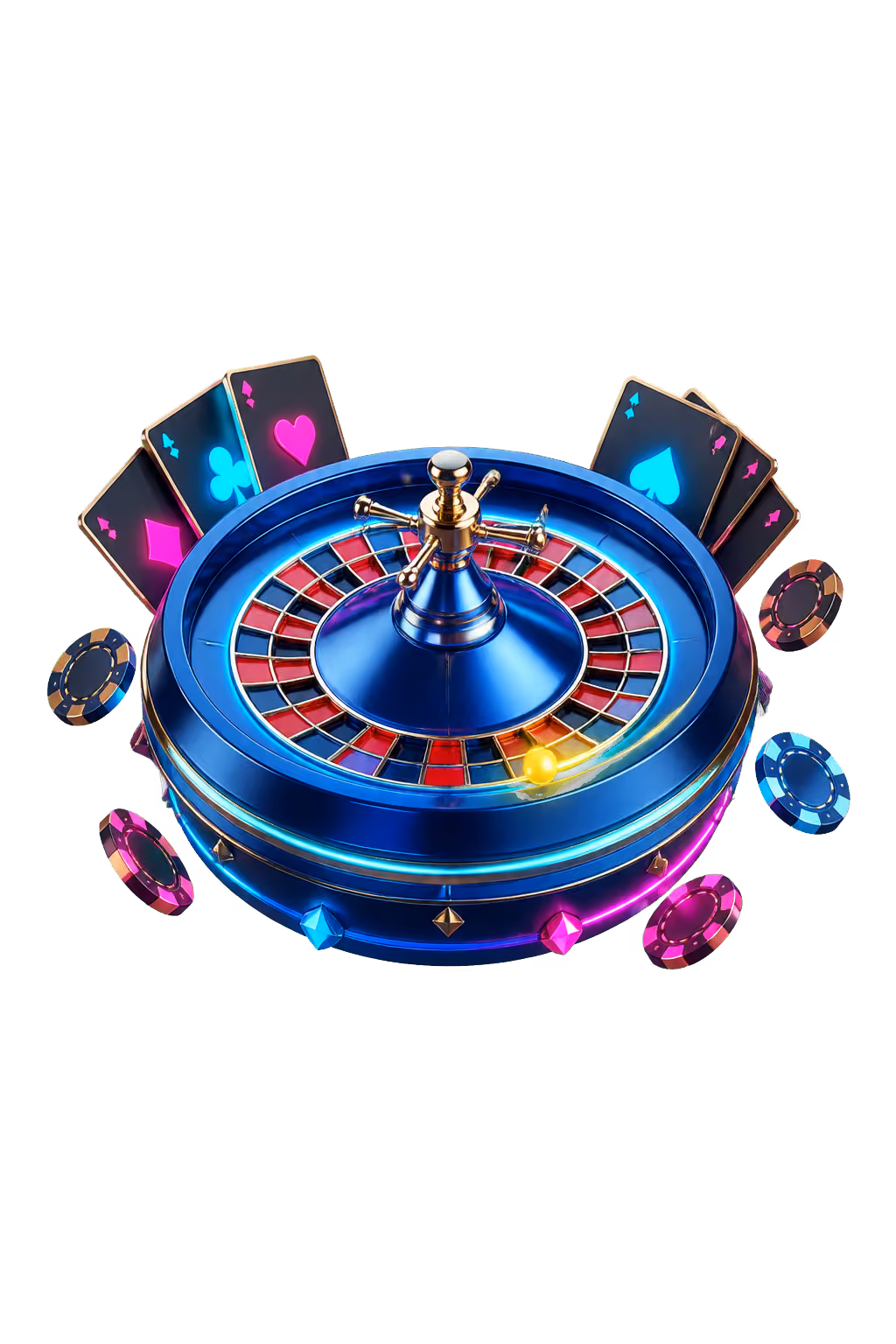Black and gold roulette wheel, playing cards and dice