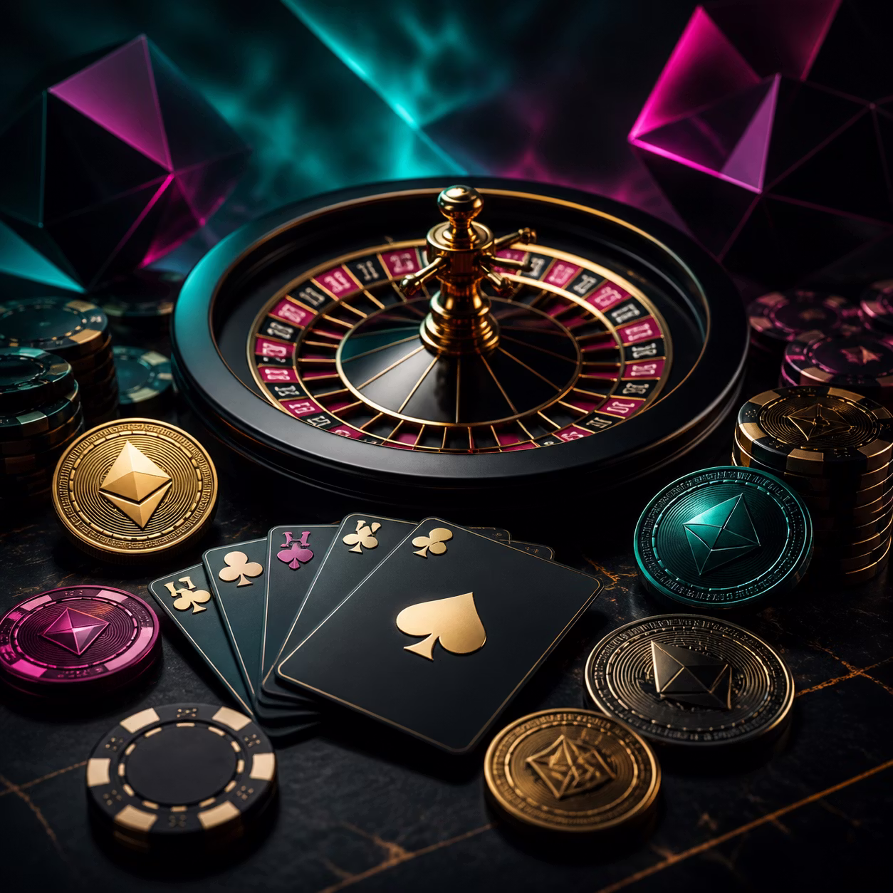 Dark casino table with abstract crypto tokens, cards and a roulette wheel