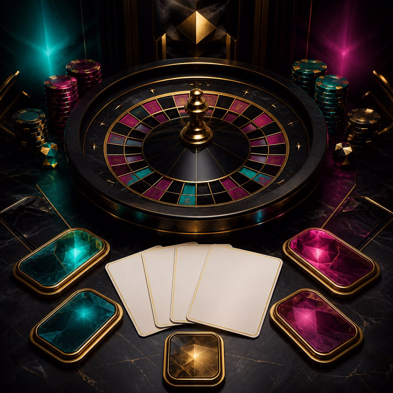 Abstract casino table, roulette wheel and glowing game tiles in dark teal and magenta