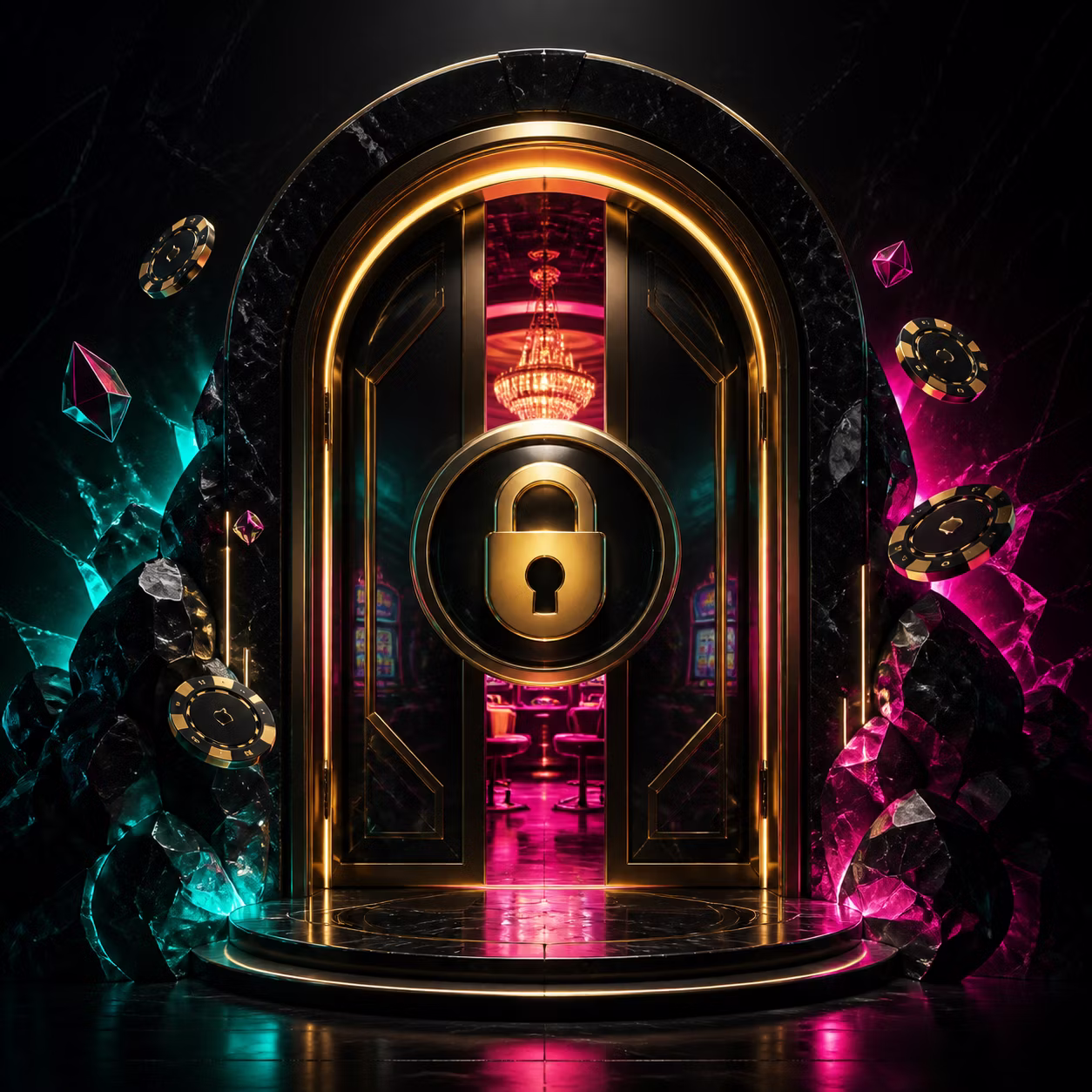 Glowing casino doorway and lock motif in dark teal, black and magenta