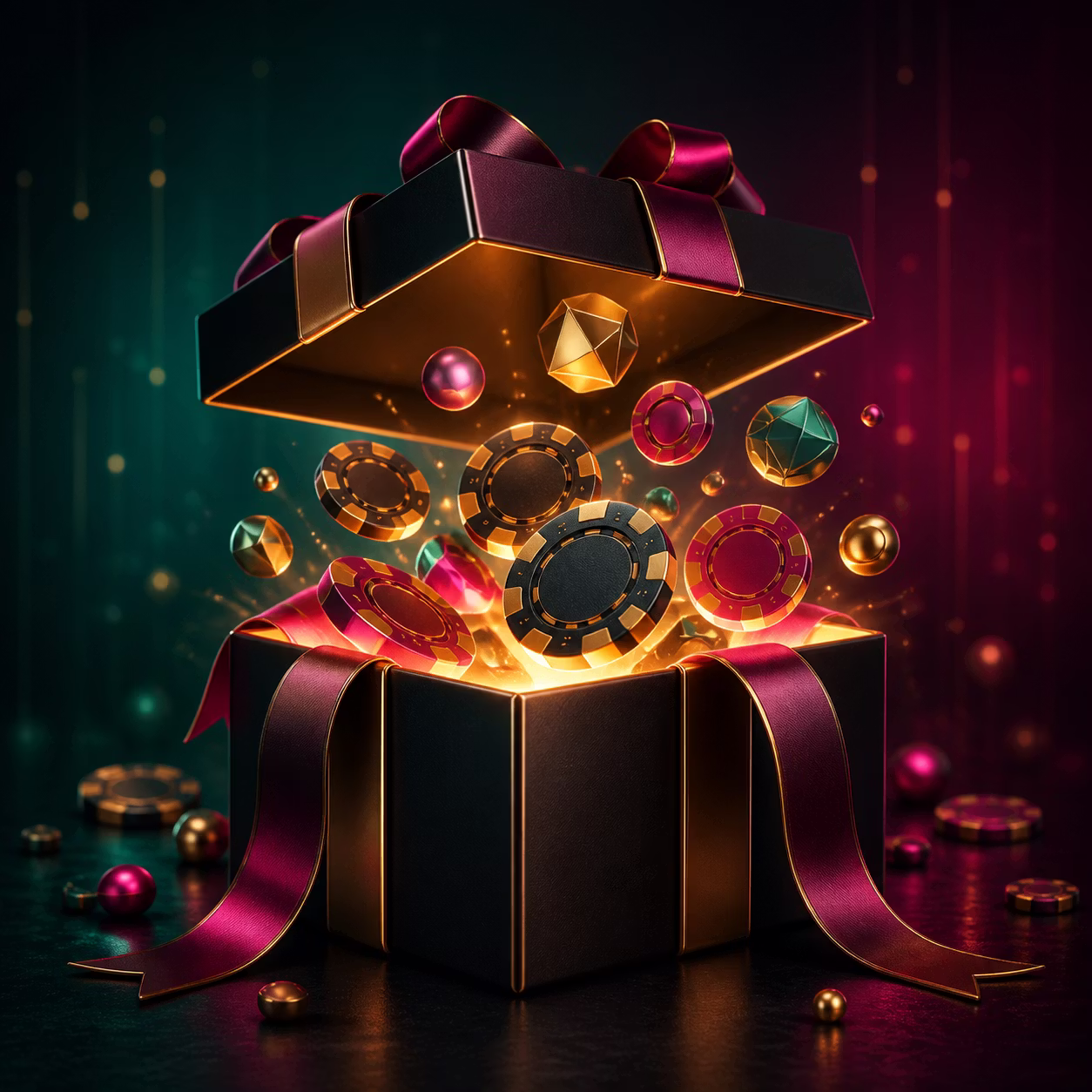 Open casino gift box with glowing chips and a dark teal and magenta backdrop
