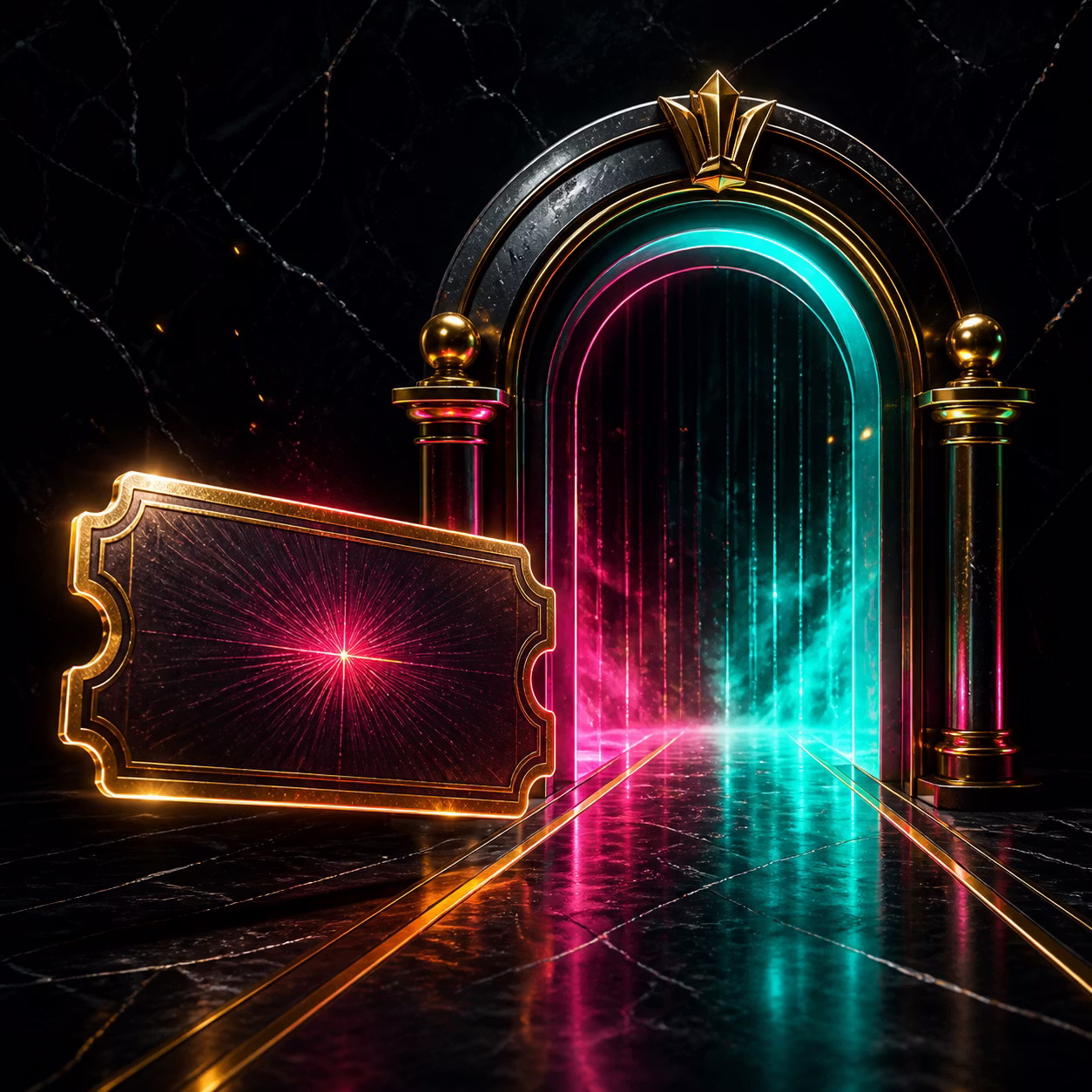Abstract glowing casino ticket and entry gate with no readable code or labels