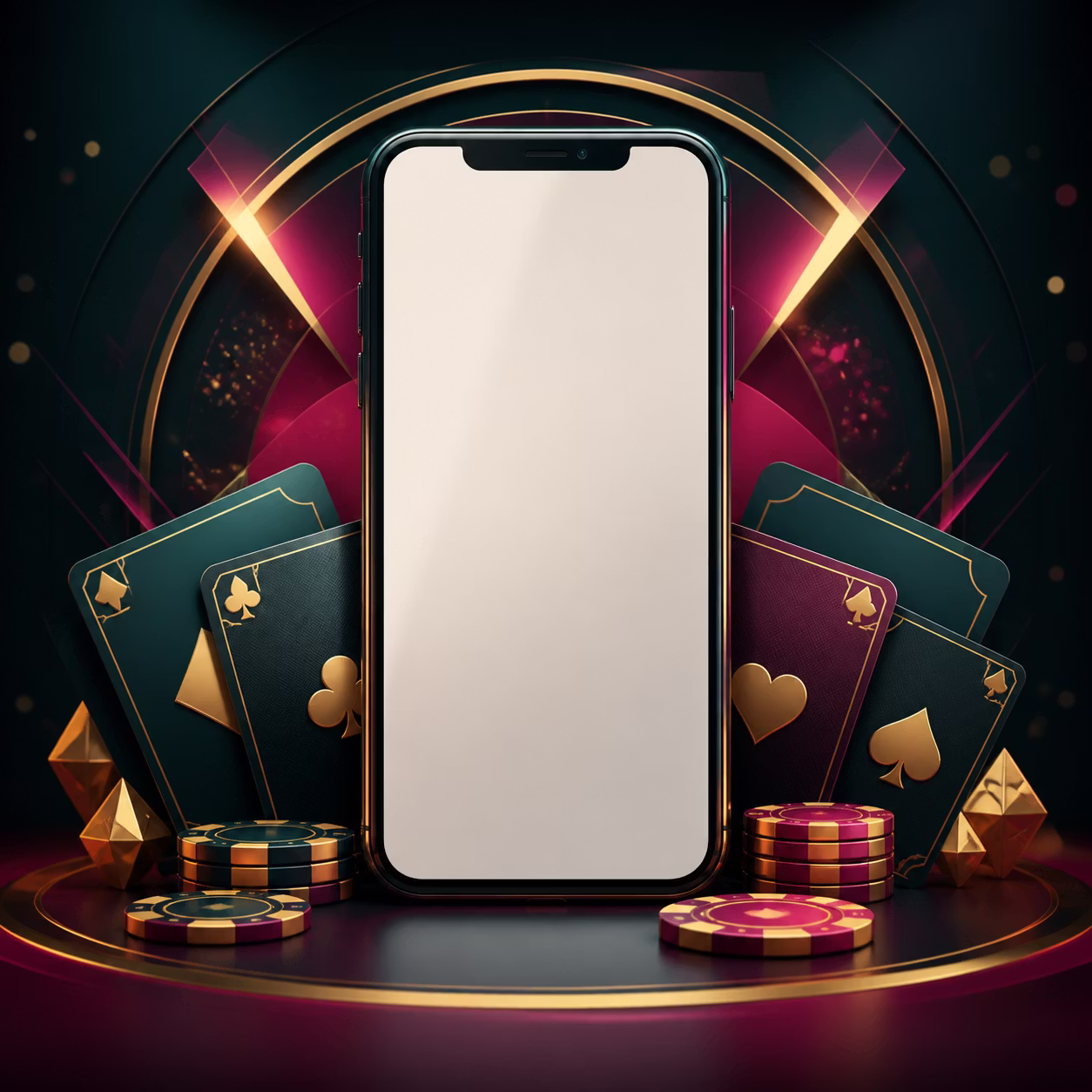 Smartphone with a clean blank account screen surrounded by casino cards and light