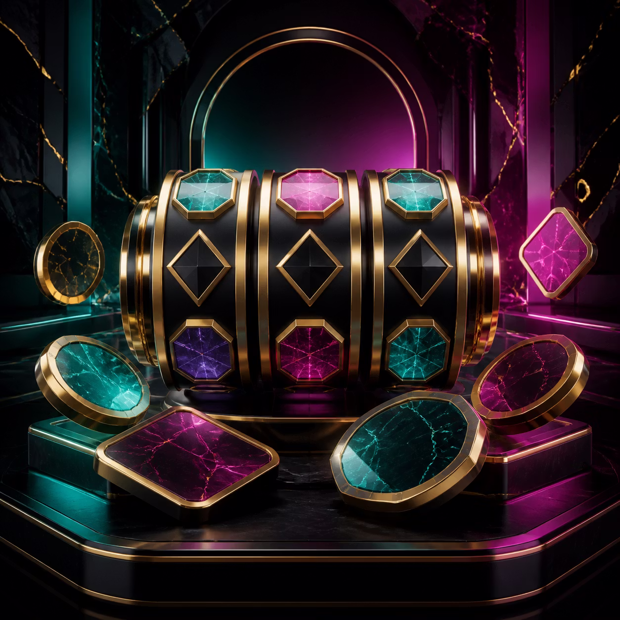 Rows of abstract slot reels and glowing casino tiles in a dark Crypto Loko palette