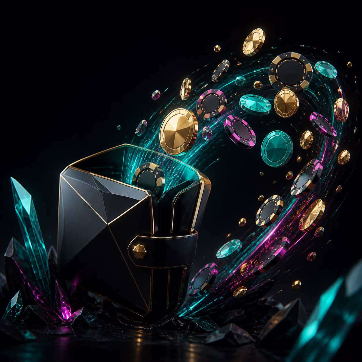 Abstract crypto wallet and casino chips with a clean transfer trail, no logos or text
